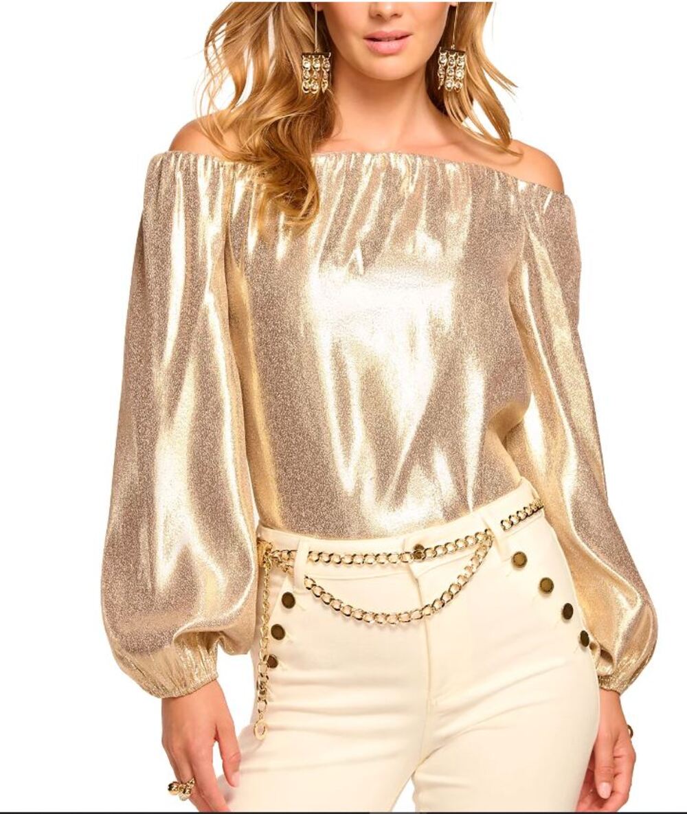 Ramy Brook Shimmering Esther Silk Lamé Off-Shoulder Blouse Gold Metallic XL $395